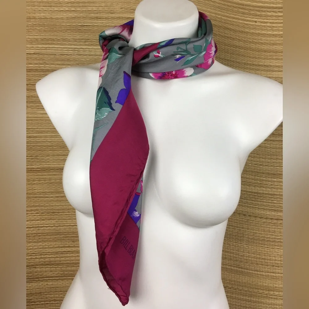 Vintage Bill Blass Womens Scarf Pink Floral 100% Silk Square 30” X 30”